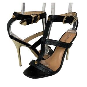 Renvy Caged Stiletto Heels Women's 8  Black Leather Sandals w Gold Heels